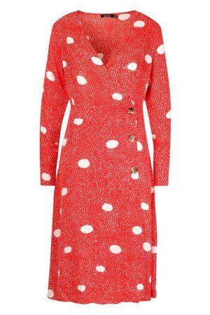 Spot Print Button Wrap Midi Dress | Boohoo red