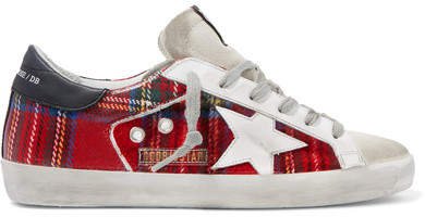 Superstar Tartan Flannel And Distressed Leather Sneakers - Red