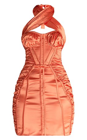 Tangerine Cross Strap Binding Satin Bodycon Dress | PrettyLittleThing USA