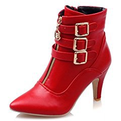 IDIFU Women's Dressy Buckled Pointed Toe High Block Heels Side Zip Up Ankle Boots Short Booties