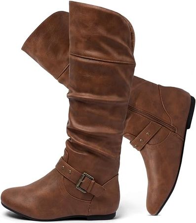 Amazon.com | katliu Women's Slouchy Mid Calf Boots Zip up Flat Boots Brown | Mid-Calf