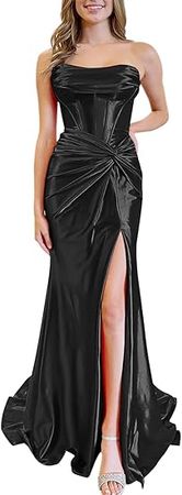 Amazon.com: Strapless Prom Dresses Long Silk Satin Mermaid Corset Bridesmaid Dresses Ruched Formal Evening Party Dress with Slit: Clothing, Shoes & Jewelry