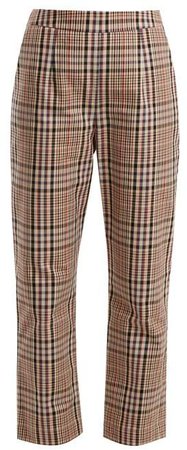 High Rise Straight Leg Checked Cotton Trousers - Womens - Beige Multi