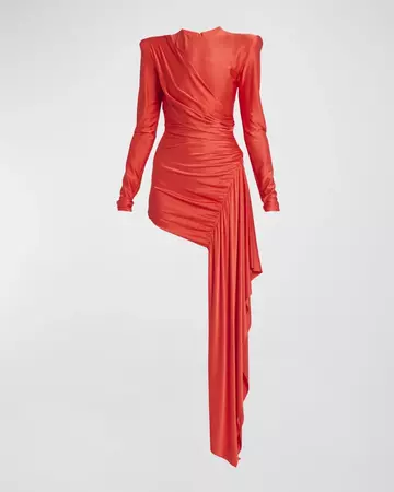 Alexandre Vauthier Draped Strong-Shoulder Long-Sleeve Mini Dress | Neiman Marcus