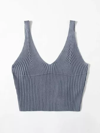 Solid Ribbed Knit Top | SHEIN USA grey