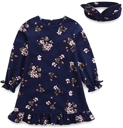 Comfybuy Baby Teen Girls Casual Floral Princess Dress Headband Set Long Sleeves Blue 3T: Clothing
