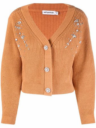 Shop Self-Portrait diamante-embellished ribbed-knit cardigan with Express Delivery - FARFETCH