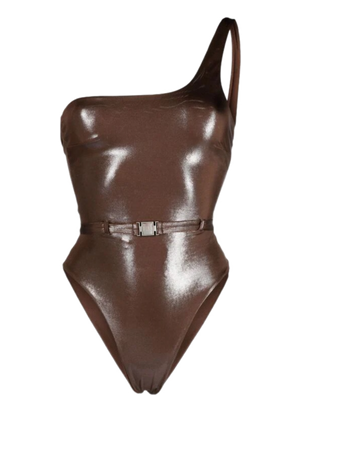 chocolate brown hrh belted one-shoulder swimsuit