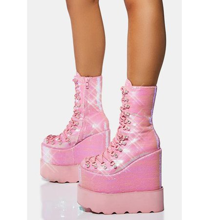 Sugar Thrillz Double Stack Wedge Platform Boots - Pink Sequin | Dolls Kill