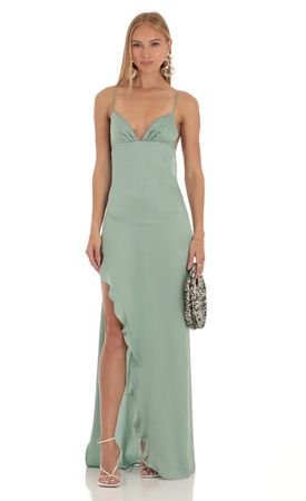 Siobhán Satin Ruffle Maxi Dress in Sage | LUCY IN THE SKY