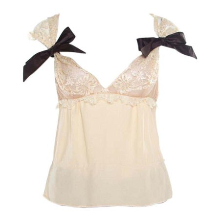 Valentino Buttercream Crepe Bow Detail Lace Babydoll Top L For Sale at 1stDibs