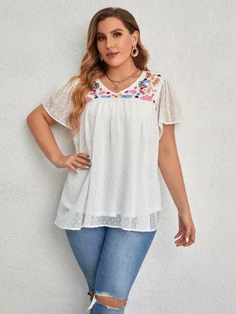 Plus Floral Embroidery Swiss Dot Butterfly Sleeve Chiffon Blouse | SHEIN USA