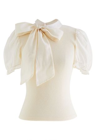 Short Sleeve Detachable Bowknot Spliced Knit Top in Cream - Retro, Indie and Unique Fashion