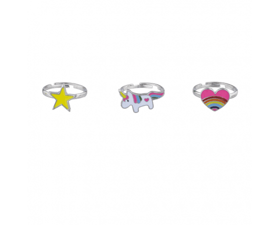 Silver Tone Magical Rainbow Unicorn Heart Star Ring Set 3PC - Rings
