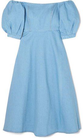 ARIAS - Off-the-shoulder Denim Midi Dress - Blue
