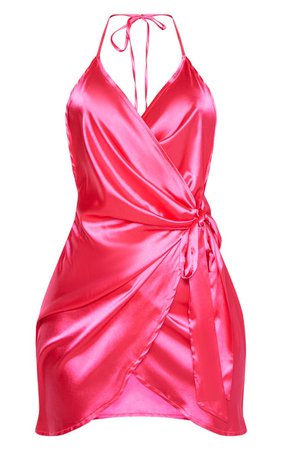 hot pink satin halterneck wrap bodycon dress