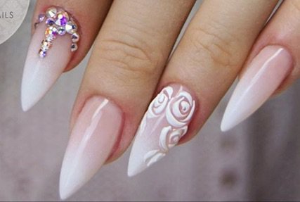 White ombré nails w/Roses & Gems