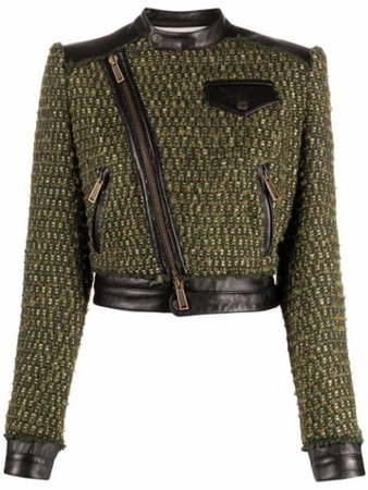 Dsquared2 cropped leather-trim bouclé tweed jacket - FARFETCH