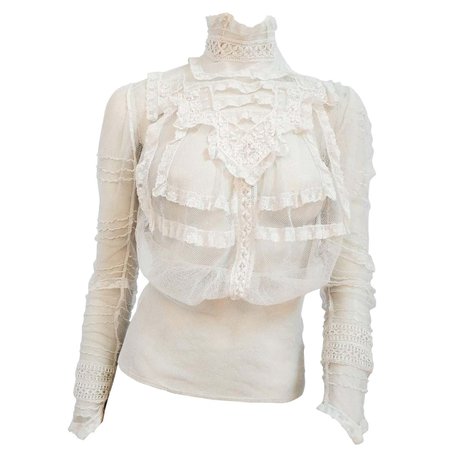 1900s White Lace Sheer Mesh Blouse For Sale at 1stDibs
