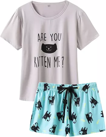 VENTELAN Pajamas for Women 2 Piece Cute Cat Sleepwear Pajama Sleep Set, Grey, Small(USA Size:4-6) at Amazon Women’s Clothing store