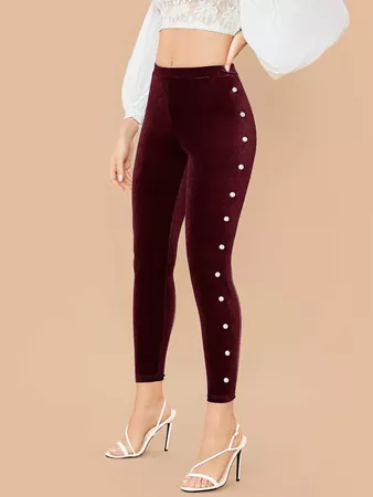 Pearl Beaded Velvet Skinny Pants | SHEIN USA
