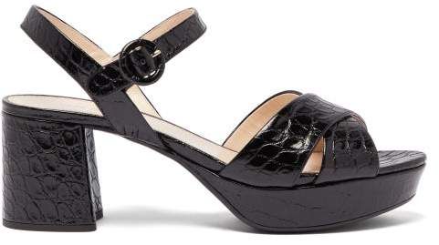 Platform Crocodile Effect Leather Sandals - Womens - Black