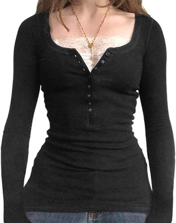 Y2K Women Lace Patchwork V-Neck Knitted Aesthetic Crop Tops Fall Long Sleeve Flim Fit Fairy Grunge Shirt E Girl Streetwear (#2 Black, S) at Amazon Women’s Clothing store