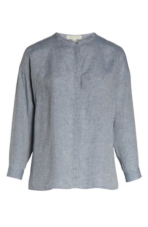 Eileen Fisher Mandarin Collar Boxy Organic Linen Shirt (Plus Size) | Nordstrom