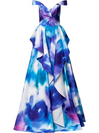 Shop blue Marchesa Notte off-the-shoulder printed gown with Express Delivery - Farfetch
