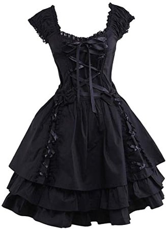 Amazon.com: Ainclu Womens Classic Black Layered Lace-up Cotton Lolita Dress: Clothing