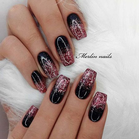 Gel Black and Pink Glitter Nails