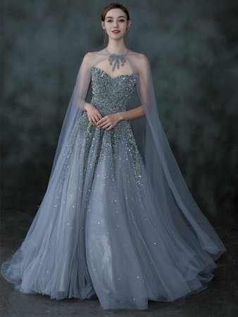 Strapless Dusty Blue Long Formal Dress with Cape