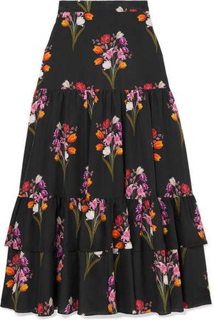 Emme Tiered Floral-print Crepe De Chine Skirt - Black