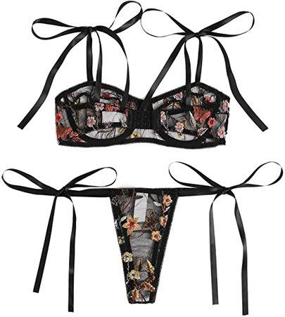 Amazon.com: SheIn Women's Floral Mesh Underwire Bra Side Tie Panty Set Two Pieces Lingerie Set Black Small: Clothing, Shoes & Jewelry