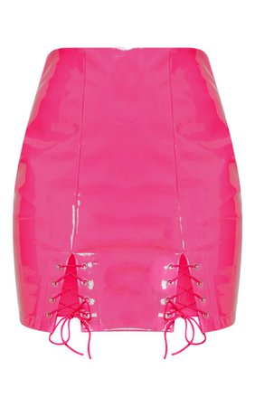Neon Pink Vinyl Double Lace Up Hem Mini Skirt | PrettyLittleThing