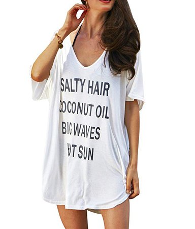 Oryer Womens Letters Print Baggy Swimwear Bikini Cover up Beach Dress T-Shirt, A-white, One Size at Amazon Women’s Clothing store