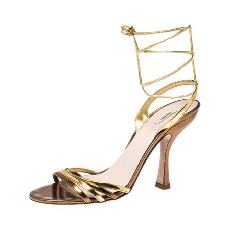 Miu Miu Metallic Gold Leather Ankle Wrap Sandals Size 38 For Sale at 1stdibs