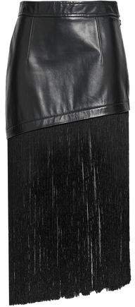Fringe-trimmed Leather Midi Skirt