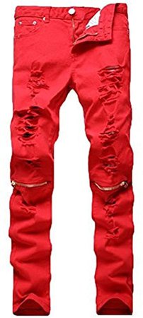 Leward Men's Ripped Skinny Distressed Destroyed Straight Fit Zipper Jeans with Holes No Belt (Red, 30) at Amazon Men’s Clothing store