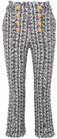 Cropped Button-embellished Tweed Bootcut Pants - Blue