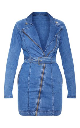 Dark Blue Belted Zip Detail Denim Dress | PrettyLittleThing USA