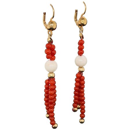 Natural Red and Natural White Coral Beads Drop Earrings Estate Fine Jewelry For Sale at 1stDibs