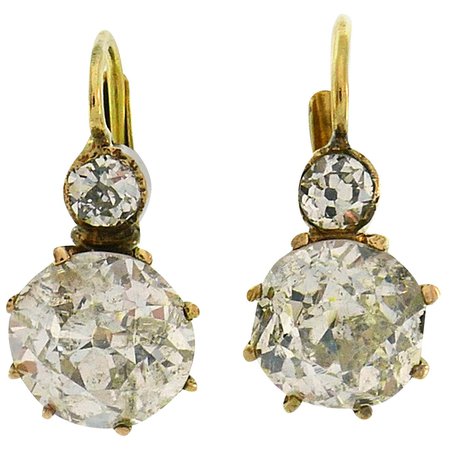 Victorian Diamond Yellow Gold Drop Earrings Two-Stone For Sale at 1stDibs