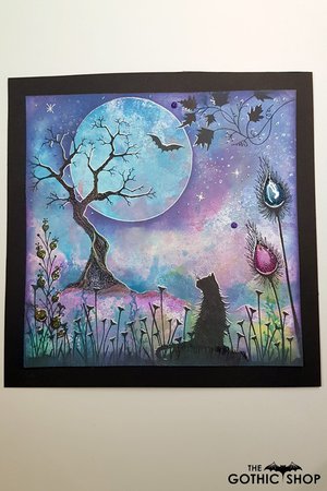 Moon Gazing Cat Handmade Gothic Framed Picture | Gifts &