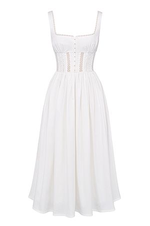 Clothing : Midi Dresses : 'Perle' White Lace Trim Midi Dress