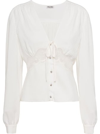 Shop white Miu Miu lace detail v-neck blouse with Express Delivery - Farfetch