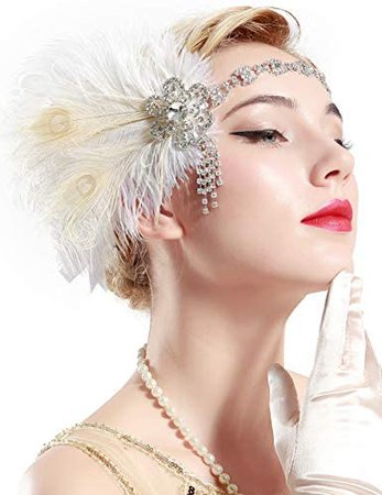 Amazon.com: BABEYOND Vintage 1920s Flapper Headband Roaring 20s Great Gatsby Headpiece with Peacock Feather 1920s Flapper Gatsby Hair Accessories White: Clothing