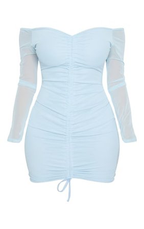 Shape Dusty Blue Mesh Ruched Bardot Bodycon Dress | PrettyLittleThing