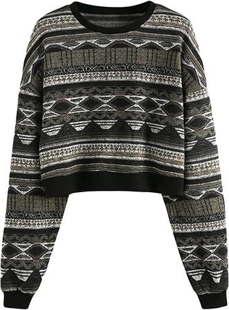 ZAFUL Women's Tribal Ethnic Graphic Cropped Knitwear Bohemian Long Sleeve Pullover Sweater Boho Drop Shoulder Knitted Top at Amazon Women’s Clothing store