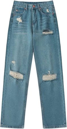 Amazon.com: jeans Washed Ripped High Waist Women's Jeans Summer Casual Female Vintage Streetwear Loose Wide-leg Denim Pants (Color : Blue, Size : L code) : Clothing, Shoes & Jewelry